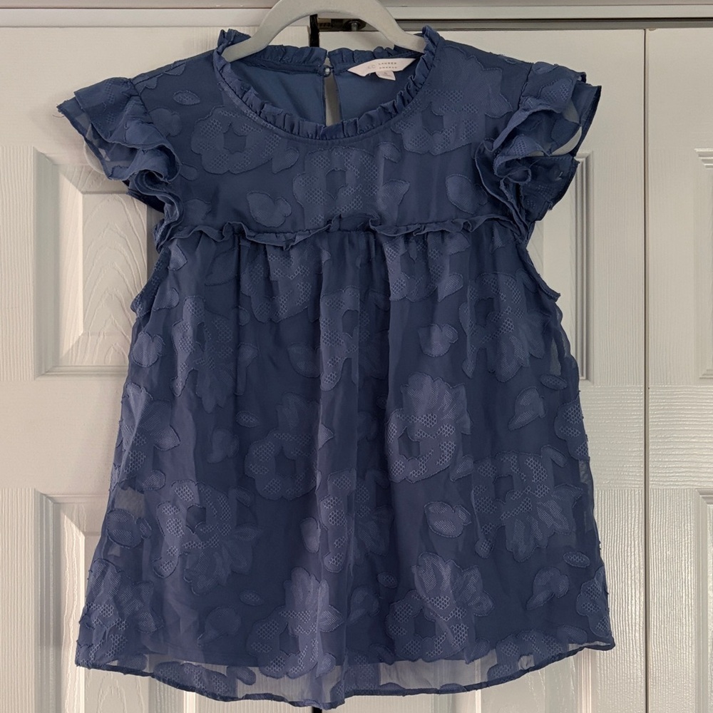LC Lauren Conrad Blue Floral Ruffle Blouse